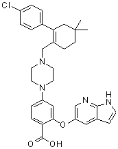 structure of CAS# 1235865-77-6, 2-[(1H-Pyrrolo[2,3-b]pyridin-5-yl)oxy]-4-[4-[[2-(4-chlorophenyl)-4,4-dimethylcyclohex-1-enyl]methyl]piperazin-1-yl]benzoic acid