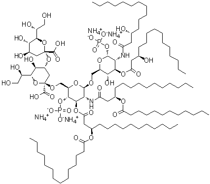 CAS 登录号：1246298-62-3, O-3-脱氧-alpha-D-阿卓-2-吡喃辛酮糖酸基-(2→4)-O-3-脱氧-alpha-D-阿卓-2-吡喃辛酮糖酸基-(2→6)-O-2-脱氧-2-[[(3R)-1-氧代-3-[(1-氧代十二烷基)氧基]十四烷基]氨基]-3-O-[(3R)-1-氧代-3-[(1-氧代十四烷基)氧基]十四烷基]-4-O-膦酰-beta-D-吡喃葡萄糖基-(1→6)-2-脱氧-2-[[(3R)-3-羟基-1-氧代十四烷基]氨基]-alpha-D-吡喃葡萄糖 1-(磷酸二氢酯) 3-[(3R)-3-羟基十四烷酸酯]四铵盐