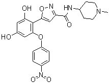 structure of CAS# 1253584-84-7, 5-[2,4-Dihydroxy-6-(4-nitrophenoxy)phenyl]-N-(1-methyl-4-piperidinyl)-3-isoxazolecarboxamide