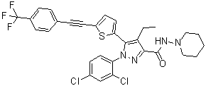 CAS # 1253641-65-4, 1-(2,4-Dichlorophenyl)-4-ethyl-N-1-piperidinyl-5-[5-[2-[4-(trifluoromethyl)phenyl]ethynyl]-2-thienyl]-1H-pyrazole-3-carboxamide, TM 38837