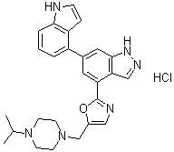 structure of CAS# 1254036-77-5, 6-(1H-Indol-4-yl)-4-[5-[[4-(1-methylethyl)-1-piperazinyl]methyl]-2-oxazolyl]-1H-indazole hydrochloride (1:1)