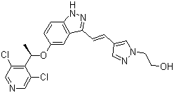 structure of CAS# 1254473-64-7, 4-[(1E)-2-[5-[(1R)-1-(3,5-二氯-4-吡啶基)乙氧基]-1H-吲唑-3-基]乙烯基]-1H-吡唑-1-乙醇