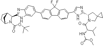 structure of CAS# 1256393-27-7, (1R,3S,4S)-3-[6-[9,9-二氟-7-[2-[(6S)-5-[(2S)-2-[(甲氧羰基)氨基]-3-甲基-1-氧代丁基]-5-氮杂螺[2.4]庚烷-6-基]-1H-咪唑-5-基]-9H-芴-2-基]-1H-苯并咪唑-2-基]-2-氮杂双环[2.2.1]庚烷-2-羧酸叔丁酯