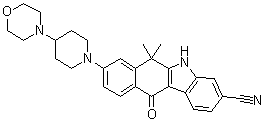 structure of CAS# 1256577-71-5, 6,11-Dihydro-6,6-dimethyl-8-[4-(4-morpholinyl)-1-piperidinyl]-11-oxo-5H-benzo[b]carbazole-3-carbonitrile