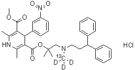 CAS # 1261397-71-0, Lercanidipine-<sup>13</sup>C-d<sub>3</sub> Hydrochloride, 1,4-Dihydro-2,6-dimethyl-4-(3-nitrophenyl)-3,5-Pyridinedicarboxylic acid 3-[2-[(3,3-diphenylpropyl)(methyl-<sup>13</sup>C-d<sub>3</sub>)amino]-1,1-dimethylethyl] 5-methyl ester hydrochloride