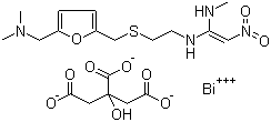 CAS # 128345-62-0, Ranitidine bismuth citrate, Pylorid, Gastrimuto, Ranitidine bismutrex, 2-Hydroxy-1,2,3-propanetricarboxylic acid bismuth(3+) salt compd with N-[2-[[[5-[(dimethylamino)methyl]-2-furanyl]methyl]thio]ethyl]-N'-methyl-2-nitro-1,1-ethenediamine