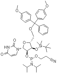 structure of CAS# 129451-77-0, 5'-O-[Bis(4-methoxyphenyl)phenylmethyl]-3'-O-[(1,1-dimethylethyl)dimethylsilyl]-Uridine 2'-[2-cyanoethyl N,N-bis(1-methylethyl)phosphoramidite]