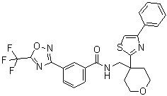 structure of CAS# 1314890-29-3, N-[[Tetrahydro-4-(4-phenyl-2-thiazolyl)-2H-pyran-4-yl]methyl]-3-[5-(trifluoromethyl)-1,2,4-oxadiazol-3-yl]benzamide