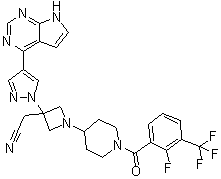 CAS 登录号：1334298-96-2, 1-[1-[2-氟-3-(三氟甲基)苯甲酰基]-4-哌啶基]-3-[4-(7H-吡咯并[2,3-d]嘧啶-4-基)-1H-吡唑-1-基]-3-吖丁啶乙腈