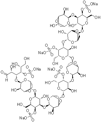 O-3,6-Anhydro-alpha-D-galactopyranosyl-(1→3)-O-4-O-sulfo-beta-D-galactopyranosyl-(1→4)-O-3,6-anhydro-alpha-D-galactopyranosyl-(1→3)-O-4-O-sulfo-beta-D-galactopyranosyl-(1→4)-O-3,6-anhydro-alpha-D-galactopyranosyl-(1→3)-O-4-O-sulfo-beta-D-galactopyranosyl-(1→4)-O-3,6-anhydro-alpha-D-galactopyranosyl-(1→3)-O-4-O-sulfo-beta-D-galactopyranosyl-(1→4)-O-3,6-anhydro-alpha-D-galactopyranosyl-(1→3)-D-galactose 4-(hydrogen sulfate) pentasodium salt molecular structure (CAS 133628-75-8)