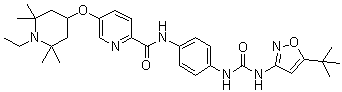 structure of CAS# 1351522-04-7, N-[4-[[[[5-(1,1-Dimethylethyl)-3-isoxazolyl]amino]carbonyl]amino]phenyl]-5-[(1-ethyl-2,2,6,6-tetramethyl-4-piperidinyl)oxy]-2-pyridinecarboxamide