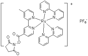 structure of CAS# 136724-73-7, (OC-6-33)-Bis(2,2'-bipyridine)[1-[[(4'-methyl[2,2'-bipyridin]-4-yl)carbonyl]oxy]-2,5-pyrrolidinedione]ruthenium hexafluorophosphate