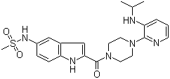 CAS # 136817-59-9, Delavirdine, 1-[3-(Isopropylamino)-2-pyridyl]-4-[(5-methanesulfonamidoindol-2-yl)carbonyl]piperazine, N-[2-[[4-[3-[(1-Methylethyl)amino]-2-pyridinyl]-1-piperazinyl]carbonyl]-1H-indol-5-yl]methanesulfonamide
