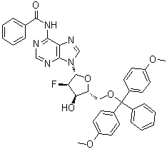 structure of CAS# 136834-21-4, N-Benzoyl-5'-O-[bis(4-methoxyphenyl)phenylmethyl]-2'-deoxy-2'-fluoroadenosine