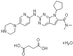 structure of CAS# 1374639-79-8, 7-环戊基-N,N-二甲基-2-[[5-(1-哌嗪基)-2-吡啶基]氨基]-7H-吡咯并[2,3-d]嘧啶-6-甲酰胺丁二酸盐水合物(1:1:?)