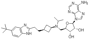 9-[5-Deoxy-5-[[cis-3-[2-[6-(1,1-dimethylethyl)-1H-benzimidazol-2-yl]ethyl]cyclobutyl](1-methylethyl)amino]-beta-D-ribofuranosyl]-9H-purin-6-amine molecular structure (CAS 1380288-87-8)