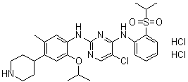 structure of CAS# 1380575-43-8, 5-Chloro-N4-[2-[(1-methylethyl)sulfonyl]phenyl]-N2-[5-methyl-2-(1-methylethoxy)-4-(4-piperidinyl)phenyl]-2,4-pyrimidinediamine hydrochloride (1:2)