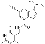 structure of CAS# 1418308-27-6, 6-Cyano-N-[(1,2-dihydro-4,6-dimethyl-2-oxo-3-pyridinyl)methyl]-1-(1-ethylpropyl)-1H-indole-4-carboxamide