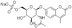 structure of CAS# 142439-99-4, 7-[[2-(乙酰氨基)-2-脱氧-6-O-磺基-beta-D-吡喃葡萄糖基]氧基]-4-甲基-2H-1-苯并吡喃-2-酮单钠盐