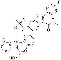 CAS # 1427035-62-8, 5-[11-Fluoro-6-(hydroxymethyl)-6H-pyrido[2',3':5,6][1,3]oxazino[3,4-a]indol-2-yl]-2-(4-fluorophenyl)-N-methyl-6-[methyl(methylsulfonyl)amino]-3-benzofurancarboxamide