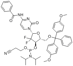 N-[1-[(2R,4R,5R)-5-[[bis(4-methoxyphenyl)-phenylmethoxy]methyl]-4-[2-cyanoethoxy-[di(propan-2-yl)amino]phosphanyl]oxy-3,3-difluorooxolan-2-yl]-2-oxopyrimidin-4-yl]benzamide molecular structure (CAS 142808-44-4)