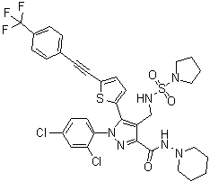 CAS 登录号：1429239-98-4, 1-(2,4-二氯苯基)-N-1-哌啶基-4-[[(1-吡咯烷基磺酰基)氨基]甲基]-5-[5-[2-[4-(三氟甲基)苯基]乙炔基]-2-噻吩基]-1H-吡唑-3-甲酰胺