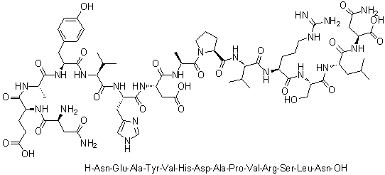 CAS # 143305-11-7, L-Asparaginyl-L-alpha-glutamyl-L-alanyl-L-tyrosyl-L-valyl-L-histidyl-L-alpha-aspartyl-L-alanyl-L-prolyl-L-valyl-L-arginyl-L-seryl-L-leucyl-L-asparagine