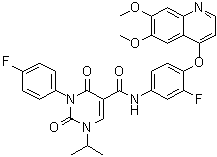 structure of CAS# 1437321-24-8, N-[4-[(6,7-Dimethoxy-4-quinolinyl)oxy]-3-fluorophenyl]-3-(4-fluorophenyl)-1,2,3,4-tetrahydro-1-(1-methylethyl)-2,4-dioxo-5-pyrimidinecarboxamide