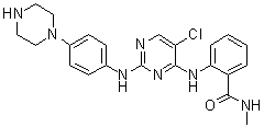 structure of CAS# 1439934-41-4, 2-[[5-Chloro-2-[[4-(1-piperazinyl)phenyl]amino]-4-pyrimidinyl]amino]-N-methylbenzamide
