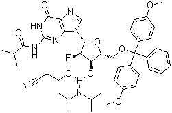 5'-O-[Bis(4-methoxyphenyl)phenylmethyl]-2'-deoxy-2'-fluoro-N-(2-methyl-1-oxopropyl)guanosine 3'-[2-cyanoethyl N,N-bis(1-methylethyl)phosphoramidite] molecular structure (CAS 144089-97-4)
