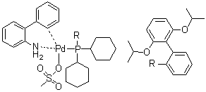 structure of CAS# 1445085-77-7, [2'-(Amino)[1,1'-biphenyl]-2-yl][[2',6'-bis(1-methylethoxy)[1,1'-biphenyl]-2-yl]dicyclohexylphosphine](methanesulfonato)palladium