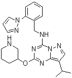 structure of CAS# 1453834-21-3, 8-(1-Methylethyl)-2-(3-piperidinyloxy)-N-[[2-(1H-pyrazol-1-yl)phenyl]methyl]pyrazolo[1,5-a]-1,3,5-triazin-4-amine