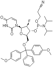 5'-O-(4,4-二甲氧基三苯甲基)-2'-脱氧-2'-氟尿苷-3'-(2-氰基乙基-N,N-二异丙基)亚磷酰胺分子结构 (CAS 146954-75-8)
