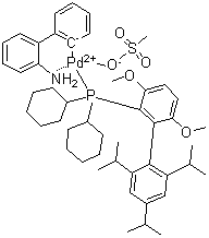 structure of CAS# 1470372-59-8, [2'-(Amino)[1,1'-biphenyl]-2-yl][dicyclohexyl[3,6-dimethoxy-2',4',6'-tris(1-methylethyl)[1,1'-biphenyl]-2-yl]phosphine](methanesulfonato)palladium
