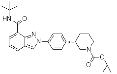 CAS # 1476776-84-7, (3S)-3-[4-[7-[[(1,1-Dimethylethyl)amino]carbonyl]-2H-indazol-2-yl]phenyl]-1-piperidinecarboxylic acid 1,1-dimethylethyl ester