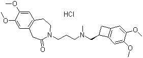 CAS # 148849-67-6, Ivabradine hydrochloride, 3-[3-[[(8S)-3,4-Dimethoxy-8-bicyclo[4.2.0]octa-1,3,5-trienyl]methyl-methylamino]propyl]-7,8-dimethoxy-2,5-dihydro-1H-3-benzazepin-4-one hydrochloride