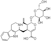 CAS # 150148-81-5, Strictosidinic acid, (2S,3R,4S)-3-Ethenyl-2-(beta-D-glucopyranosyloxy)-3,4-dihydro-4-[[(1S)-2,3,4,9-tetrahydro-1H-pyrido[3,4-b]indol-1-yl]methyl]-2H-pyran-5-carboxylic acid