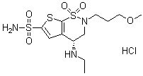 CAS # 150937-43-2, Brinzolamide hydrochloride, (R)-4-(Ethylamino)-3,4-dihydro-2-(3-methoxypropyl)-2H-thieno[3,2-e]-1,2-thiazine-6-sulfonamide 1,1-dioxide monohydrochloride, Azopt