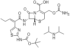 CAS 登录号：153012-37-4, 头孢卡品前体二异丙胺盐, (6R,7R)-7-[[(Z)-2-(2-叔丁氧羰基氨基噻唑-4-基)-2-戊烯酰]氨基]-3-氨基甲酰氧甲基-8-氧代-5-硫杂-1-氮杂双环[4.2.0]辛-2-烯-2-羧酸二异丙胺盐