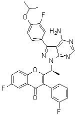 structure of CAS# 1532533-67-7, 2-[(1S)-1-[4-Amino-3-[3-fluoro-4-(1-methylethoxy)phenyl]-1H-pyrazolo[3,4-d]pyrimidin-1-yl]ethyl]-6-fluoro-3-(3-fluorophenyl)-4H-1-benzopyran-4-one
