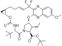 CAS # 1535212-04-4, (1aR,5S,8S,9S,10R,19E,22aR)-5-(1,1-Dimethylethyl)-9-ethyl-18,18-difluoro-1,1a,3,4,5,6,9,10,18,21,22,22a-dodecahydro-14-methoxy-3,6-dioxo-8H-7,10-methanocyclopropa[18,19][1,10,3,6]dioxadiazacyclononadecino[11,12-b]quinoxaline-8-carboxylic acid 1,1-dimethylethyl ester