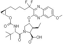 CAS 登录号：1535212-06-6, (1aR,5S,8S,9S,10R,22aR)-5-(1,1-二甲基乙基)-9-乙基-18,18-二氟-1,1a,3,4,5,6,9,10,18,19,20,21,22,22a-十四氢-14-甲氧基-3,6-二氧代-8H-7,10-甲桥环丙烯并[18,19][1,10,3,6]二氧杂二氮杂环十九碳九烯并[11,12-b]喹喔啉-8-羧酸