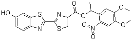 structure of CAS# 154140-55-3, 4,5-Dihydro-2-(6-hydroxy-2-benzothiazolyl)-4-thiazolecarboxylic acid 1-(4,5-dimethoxy-2-nitrophenyl)ethyl ester