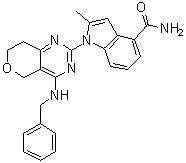 structure of CAS# 1542705-92-9, 1-[7,8-Dihydro-4-[(phenylmethyl)amino]-5H-pyrano[4,3-d]pyrimidin-2-yl]-2-methyl-1H-indole-4-carboxamide