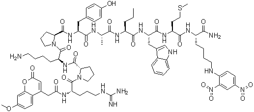 structure of CAS# 158584-08-8, N2-[2-(7-甲氧基-2-氧代-2H-1-苯并吡喃-4-基)乙酰基]-L-精氨酰-L-脯氨酰-L-赖氨酰-L-脯氨酰-L-酪氨酰-L-丙氨酰-L-正缬氨酰-L-色氨酰-L-蛋氨酰-N6-(2,4-二硝基苯基)-L-赖氨酰胺