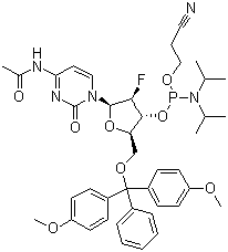 structure of CAS# 159414-99-0, N-Acetyl-5'-O-(4,4-dimethoxytrityl)-2'-deoxy-2'-fluorocytidine-3'-(2-cyanoethyl-N,N-diisopropyl)phosphoramidite
