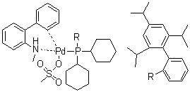 structure of CAS# 1599466-81-5, (SP-4-3)-[Dicyclohexyl[2',4',6'-tris(1-methylethyl)[1,1'-biphenyl]-2-yl]phosphine](methanesulfonato)[2'-(methylamino)[1,1'-biphenyl]-2-yl]palladium