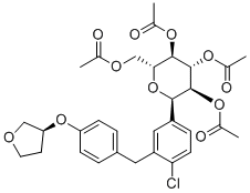 CAS # 1620758-27-1, (S)-Empagliflozin Peracetyl, (2R,3R,4R,5S,6R)-2-(acetoxymethyl)-6-(4-chloro-3-(4-(((S)-tetrahydrofuran-3-yl)oxy)benzyl)phenyl)tetrahydro-2H-pyran-3,4,5-triyl triacetate