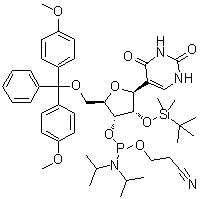 CAS 登录号：163496-23-9, 5-[5-O-[二(4-甲氧基苯基)苯基甲基]-3-O-[[二异丙基氨基](2-氰基乙氧基)膦基]-2-O-[(叔丁基)二甲基硅烷基]-beta-D-呋喃核糖基]-2,4(1H,3H)-嘧啶二酮