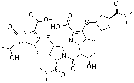 CAS # 166901-45-7, [4R-[3[1[2S*[2S*,3R*,4(3S*,5S*)],3R*],3S*,5S*],4alpha,5beta,6beta(R*)]]-3-[[1-[2-[5-Carboxy-4-[[5-[(dimethylamino)carbonyl]-3-pyrrolidinyl]thio]-2,3-dihydro-3-methyl-1H-pyrrol-2-yl]-3-hydroxy-1-oxobutyl]-5-[(dimethylamino)carbonyl]-3-pyrrolidinyl]thio]-6-(1-hydroxyethyl)-4-methyl-7-oxo-1-azabicyclo[3.2.0]hept-2-ene-2-carboxylic acid